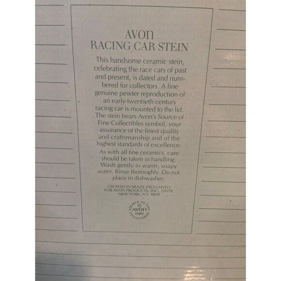 1989 Avon Racing Car Stein Ceramic Pewter Lid Collector Mug w/ Box Vintage  7 in - Picture 8 of 8